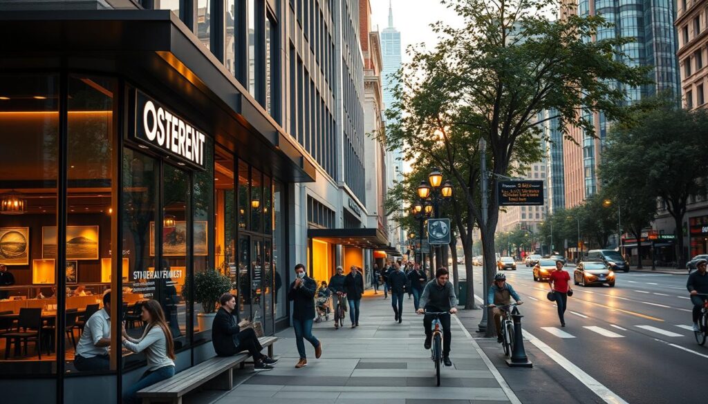A bustling urban street view showcasing a strategically located restaurant with excellent accessibility. In the foreground, a modern restaurant with large glass windows displaying a warm and inviting interior filled with patrons enjoying their meals. The middle ground features a well-maintained sidewalk with people walking by and cyclists using bike lanes. Bright streetlights and outdoor seating create a lively atmosphere, while trees line the street for a touch of greenery. In the background, recognizable city landmarks are visible, symbolizing convenience and accessibility. The scene is bathed in soft golden hour light, enhancing the cozy and inviting mood. Capture the image from a slightly elevated angle to emphasize the restaurant's prominent location and vibrant surroundings. A bustling urban street view showcasing a strategically located restaurant with excellent accessibility. In the foreground, a modern restaurant with large glass windows displaying a warm and inviting interior filled with patrons enjoying their meals. The middle ground features a well-maintained sidewalk with people walking by and cyclists using bike lanes. Bright streetlights and outdoor seating create a lively atmosphere, while trees line the street for a touch of greenery. In the background, recognizable city landmarks are visible, symbolizing convenience and accessibility. The scene is bathed in soft golden hour light, enhancing the cozy and inviting mood. Capture the image from a slightly elevated angle to emphasize the restaurant's prominent location and vibrant surroundings.