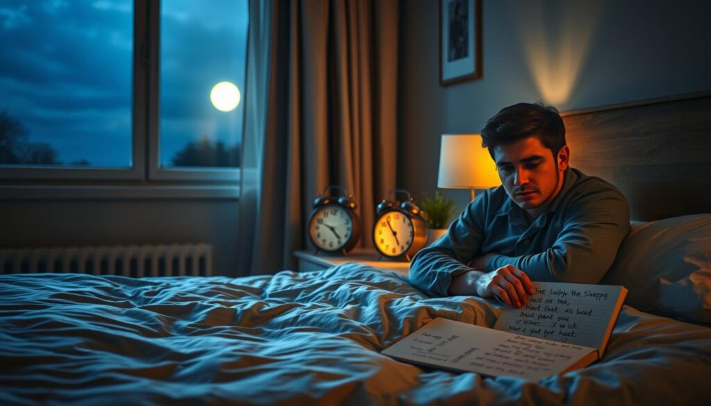 A cozy bedroom at night, featuring a person in professional loungewear sitting on the edge of a neatly made bed, looking stressed and tired. The foreground shows the individual, with notable features like dark circles under their eyes, emphasizing their struggle with insomnia. In the middle, a softly glowing bedside lamp casts a warm light, illuminating a clock showing a late hour, and a notebook with scribbled thoughts about sleeplessness. The background reveals a calm night scene through a window, with gentle moonlight filtering in, creating a serene yet somber atmosphere. The overall mood is one of exhaustion and concern, capturing the challenges of sleep disorders effectively.