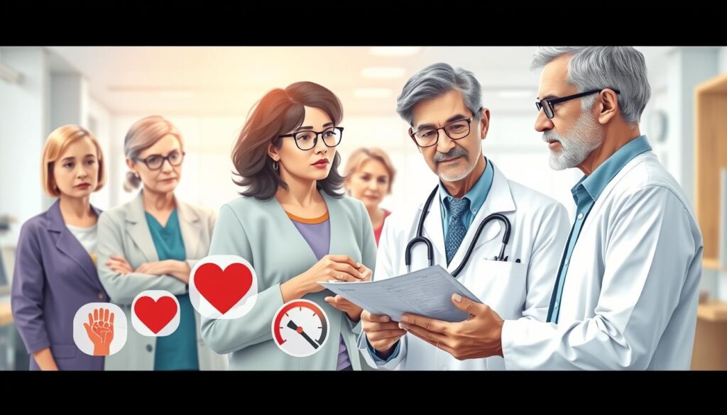 A detailed illustration of stroke risk factors, featuring a diverse group of middle-aged individuals in a modern medical setting. In the foreground, a professional-looking male doctor in a white coat discusses health charts with a female patient, who appears concerned. In the middle ground, various health risk icons such as a heart, blood pressure gauge, and smoking symbol can be subtly integrated into the environment. The background shows a bright, clean hospital room with medical equipment, emphasizing a clinical yet inviting atmosphere. Soft ambient lighting creates a warm mood, enhancing the sense of urgency and awareness. The composition should be well-balanced, focusing on health education without distractions, ensuring the characters reflect professionalism and concern without any text or overlays.