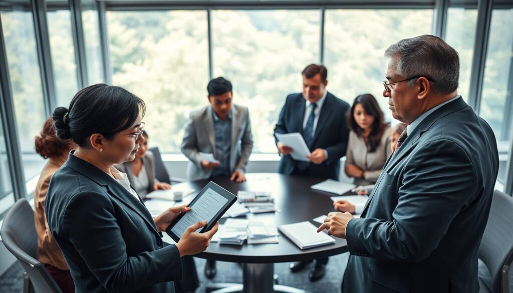 A diverse group of political party cadres engaged in an intense discussion in a modern conference room. In the foreground, two professional individuals in business attire, one presenting ideas on a digital tablet, while the other listens attentively, showing a hint of concern. In the middle, a round table surrounded by more delegates, all facing various challenges symbolized by papers and documents scattered around. The background features large windows allowing natural light to flood the room, enhancing the atmosphere of urgency and collaboration. The mood is serious yet hopeful, capturing the essence of the challenges and problems within the party training system. The scene is well-lit, with a focus on the expressions of determination and focus on the faces of the cadres. A diverse group of political party cadres engaged in an intense discussion in a modern conference room. In the foreground, two professional individuals in business attire, one presenting ideas on a digital tablet, while the other listens attentively, showing a hint of concern. In the middle, a round table surrounded by more delegates, all facing various challenges symbolized by papers and documents scattered around. The background features large windows allowing natural light to flood the room, enhancing the atmosphere of urgency and collaboration. The mood is serious yet hopeful, capturing the essence of the challenges and problems within the party training system. The scene is well-lit, with a focus on the expressions of determination and focus on the faces of the cadres.