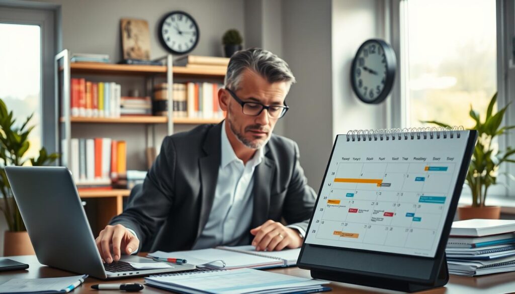 A focused, middle-aged man in a business suit, intently managing his time at a modern office desk cluttered with planners, a laptop, and a wall clock. In the foreground, a neatly organized calendar with colorful time blocks emphasizes order and productivity. The middle layer features shelves filled with books on time management and productivity, reflecting a commitment to efficiency. In the background, soft natural light streams through large windows, creating a bright and uplifting atmosphere. A potted plant adds a touch of tranquility. The image captures a sense of professionalism and determination, showcasing the benefits of effective time management in a workspace designed for maximum productivity.