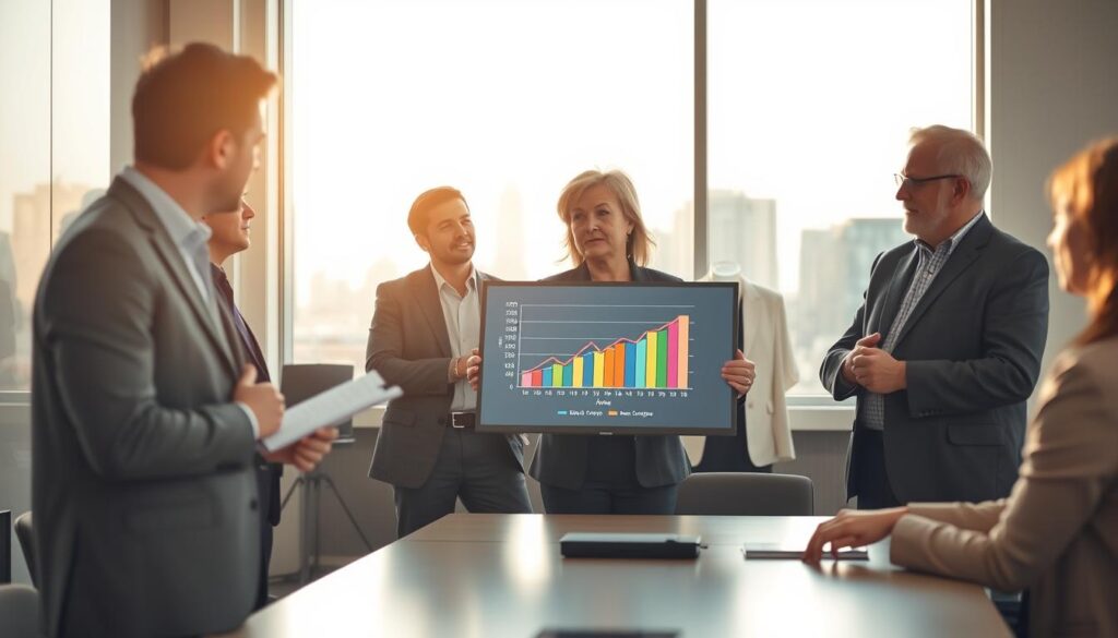 A group of diverse political party cadres engaged in a strategic discussion in a modern office setting. In the foreground, a middle-aged woman in a professional suit is presenting a colorful graph on a digital screen, symbolizing political strategy. To her left, a young man in business attire takes notes attentively, while an older man in a blazer gestures thoughtfully. In the middle background, a large window shows a city skyline, bathed in warm sunlight that creates a hopeful and ambitious atmosphere. The room is equipped with contemporary furnishings and a large conference table, enhancing the professional environment. The overall mood conveys collaboration, ambition, and strategic planning in the political sphere. A group of diverse political party cadres engaged in a strategic discussion in a modern office setting. In the foreground, a middle-aged woman in a professional suit is presenting a colorful graph on a digital screen, symbolizing political strategy. To her left, a young man in business attire takes notes attentively, while an older man in a blazer gestures thoughtfully. In the middle background, a large window shows a city skyline, bathed in warm sunlight that creates a hopeful and ambitious atmosphere. The room is equipped with contemporary furnishings and a large conference table, enhancing the professional environment. The overall mood conveys collaboration, ambition, and strategic planning in the political sphere.