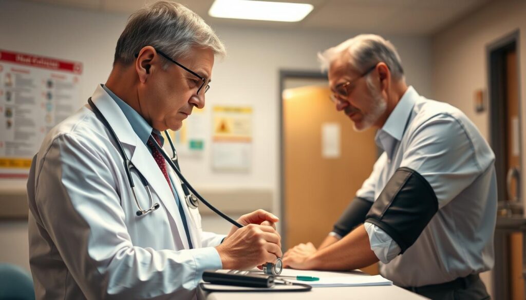 A medical professional, dressed in a smart, professional outfit, is examining a middle-aged patient who exhibits classic stroke symptoms such as facial drooping and difficulty in speech. In the foreground, the doctor is concentrating on a stethoscope and checking the patient's blood pressure. In the middle ground, various medical tools are neatly arranged on an examination table, suggesting a clinical environment. The background features a softly lit, modern hospital room with charts and health posters on the walls, conveying a sense of urgency and professionalism. The lighting is warm and focused, creating a compassionate yet serious atmosphere. The image aims to evoke a sense of awareness and urgency around identifying stroke symptoms and emergency response.
