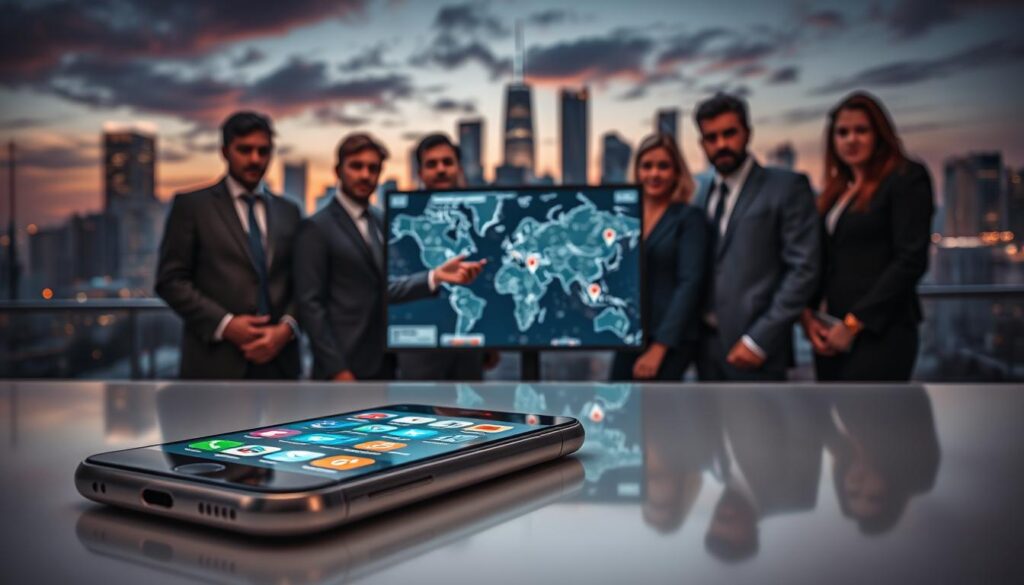 A modern and visually engaging scene depicting smartphone tracking technology. In the foreground, a sleek, high-tech smartphone is displayed on a polished surface, glowing with vibrant icons representing location tracking apps. In the middle, a diverse group of people, dressed in professional business attire, are gathered around a large screen showing a digital map with real-time tracking indicators. Their faces show concern and focus, reflecting the seriousness of smartphone theft. In the background, a city skyline is illuminated by dusk, adding an atmosphere of urgency. The lighting is dramatic, emphasizing the contrasts between the harsh cityscape and the soft glow of the technology. The angle captures both the concern of the individuals and the sophistication of the tracking technology, creating a tense yet hopeful mood.