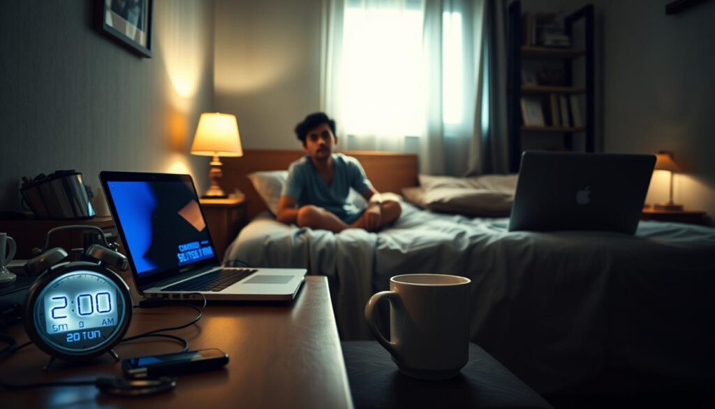 A peaceful bedroom scene at night, illustrating common causes of insomnia. In the foreground, a nightstand cluttered with items such as an alarm clock showing 2:00 AM, a laptop with a bright screen emanating blue light, and a half-finished cup of coffee. In the middle, a person in modest casual clothing, looking anxious and restless, sitting on the edge of a neatly made bed, with eyes gazing at the ceiling. The background features dimly lit, cozy room decor with a warm atmosphere, emphasizing shadows cast by bedside lamps. Soft light filters in through a window, casting soothing yet melancholic tones. The overall mood conveys a sense of tension and unrest, highlighting the struggle to find sleep amidst distractions.