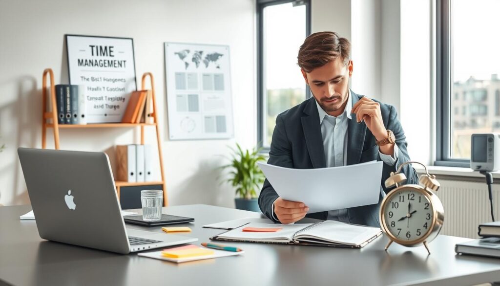 A serene and organized workspace featuring a modern desk adorned with a sleek laptop, a notepad with colorful sticky notes, and a stylish clock emphasizing time management. In the foreground, a professional individual, dressed in smart casual attire, is intently planning their tasks with a focused expression. The middle ground includes a well-organized shelf with books on productivity and time management, alongside a motivational poster depicting basic principles of time management. The background offers a bright, airy office with large windows allowing natural light to flood the scene, creating a fresh and motivating atmosphere. The overall mood is one of calm productivity, conveying effectiveness and clarity in managing time efficiently.