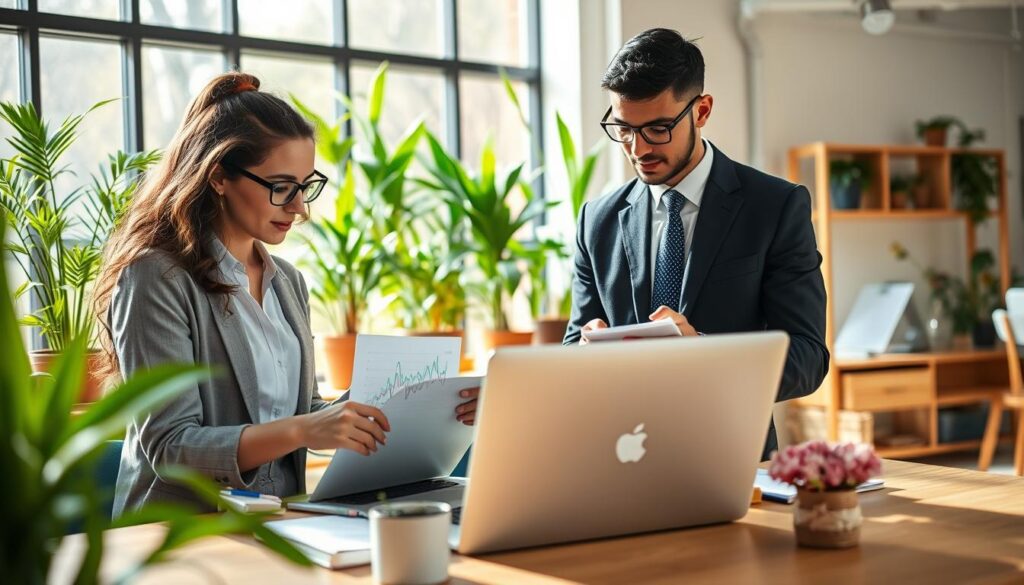 A sustainable small business office scene, showcasing a diverse group of three professionals collaborating on a project. In the foreground, a woman in smart casual attire is analyzing graphs on a laptop, while a man in a business suit writes notes on a notepad beside her. In the middle ground, a large window lets in natural daylight, illuminating a green indoor garden with potted plants, symbolizing eco-friendliness. The background features a modern office design with sustainable materials, like bamboo furniture and recyclable décor. The atmosphere is vibrant and focused, reflecting innovation and collaboration in developing sustainable business practices. The composition should be bright, with soft shadows to create a welcoming environment, captured from a slightly elevated angle to show the workspace's dynamic interaction. A sustainable small business office scene, showcasing a diverse group of three professionals collaborating on a project. In the foreground, a woman in smart casual attire is analyzing graphs on a laptop, while a man in a business suit writes notes on a notepad beside her. In the middle ground, a large window lets in natural daylight, illuminating a green indoor garden with potted plants, symbolizing eco-friendliness. The background features a modern office design with sustainable materials, like bamboo furniture and recyclable décor. The atmosphere is vibrant and focused, reflecting innovation and collaboration in developing sustainable business practices. The composition should be bright, with soft shadows to create a welcoming environment, captured from a slightly elevated angle to show the workspace's dynamic interaction.