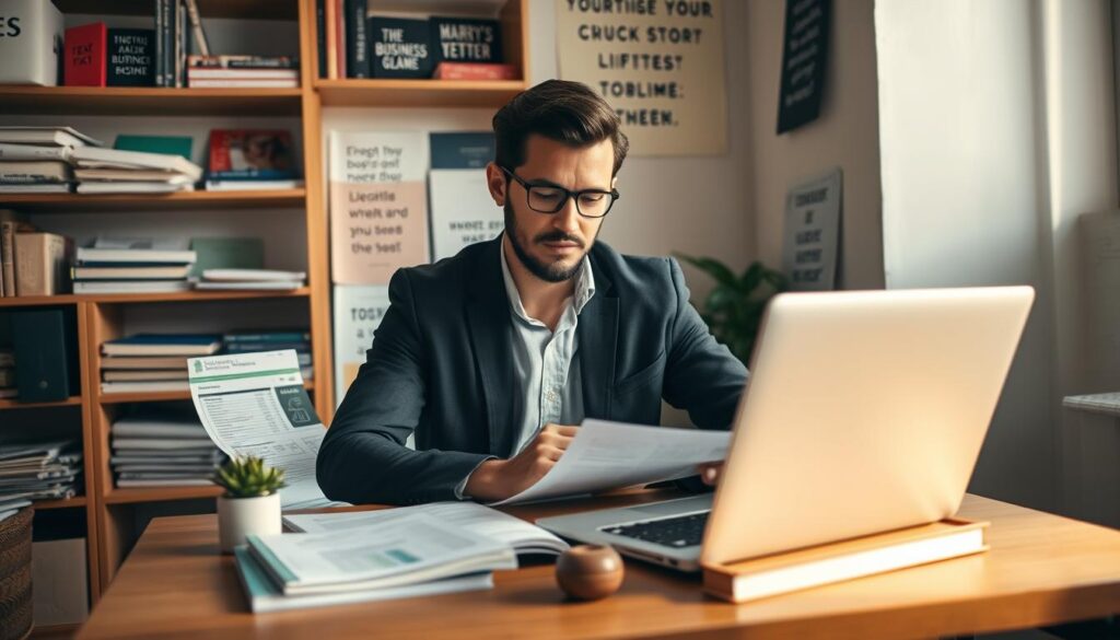 A thoughtful entrepreneur sits at a small wooden table in a cozy workspace, examining a detailed business plan and budget spreadsheet on a laptop. Their attire is professional yet approachable, focusing on practicality, with books on entrepreneurship and a small plant on the table. In the background, shelves filled with resource materials and inspirational quotes create a motivating atmosphere. Soft, warm lighting illuminates the scene, casting gentle shadows that enhance the sense of a productive environment. The perspective is slightly elevated, showcasing both the entrepreneur's focused expression and the organized chaos of the workspace, evoking a sense of determination and resourcefulness in starting a business with limited capital. A thoughtful entrepreneur sits at a small wooden table in a cozy workspace, examining a detailed business plan and budget spreadsheet on a laptop. Their attire is professional yet approachable, focusing on practicality, with books on entrepreneurship and a small plant on the table. In the background, shelves filled with resource materials and inspirational quotes create a motivating atmosphere. Soft, warm lighting illuminates the scene, casting gentle shadows that enhance the sense of a productive environment. The perspective is slightly elevated, showcasing both the entrepreneur's focused expression and the organized chaos of the workspace, evoking a sense of determination and resourcefulness in starting a business with limited capital.