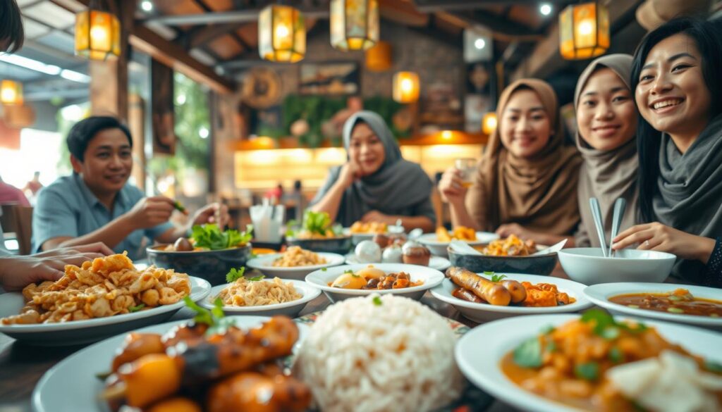 A vibrant and inviting scene showcasing an Indonesian culinary adventure. In the foreground, a beautifully arranged dining table featuring an assortment of traditional dishes such as Nasi Goreng, Satay, and Rendang, garnished with fresh herbs. In the middle ground, a group of cheerful food enthusiasts, dressed in modest casual clothing, savoring the flavors and engaging in lively conversation. The background reveals a rustic Indonesian restaurant adorned with hanging lanterns and traditional decor, creating an atmospheric setting. Soft, warm lighting enhances the richness of the food and the joy of the diners. Capture this moment from a slightly elevated angle to convey the coziness and communal spirit of exploring Indonesia's diverse culinary landscape. A vibrant and inviting scene showcasing an Indonesian culinary adventure. In the foreground, a beautifully arranged dining table featuring an assortment of traditional dishes such as Nasi Goreng, Satay, and Rendang, garnished with fresh herbs. In the middle ground, a group of cheerful food enthusiasts, dressed in modest casual clothing, savoring the flavors and engaging in lively conversation. The background reveals a rustic Indonesian restaurant adorned with hanging lanterns and traditional decor, creating an atmospheric setting. Soft, warm lighting enhances the richness of the food and the joy of the diners. Capture this moment from a slightly elevated angle to convey the coziness and communal spirit of exploring Indonesia's diverse culinary landscape.